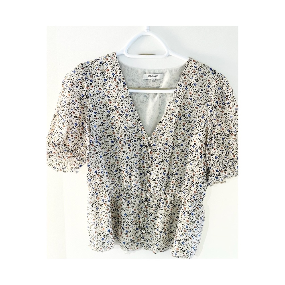 Madewell Floral V-Neck Blouse - White and Blue